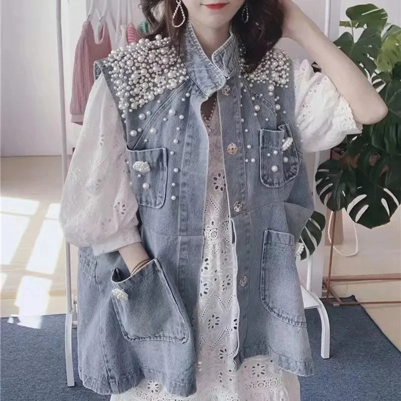 Women Pearl Denim Waistcoat Korean Fashion Cardigan Vintage Loose Vest