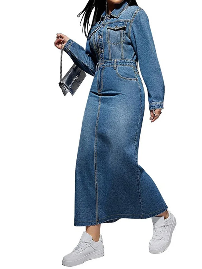 Denim Dress Women Sexy Button Bodycon Maxi Fashion Slip Hem Pockets Maxi Dressers