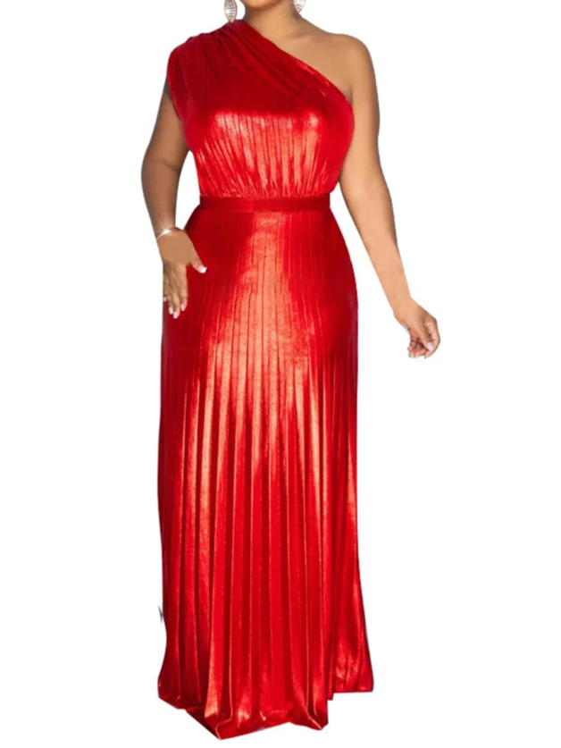 Metallic Golden One Shoulder Sleeveless Pleated A-Line Maxi Dress Elegant Cocktail Dress