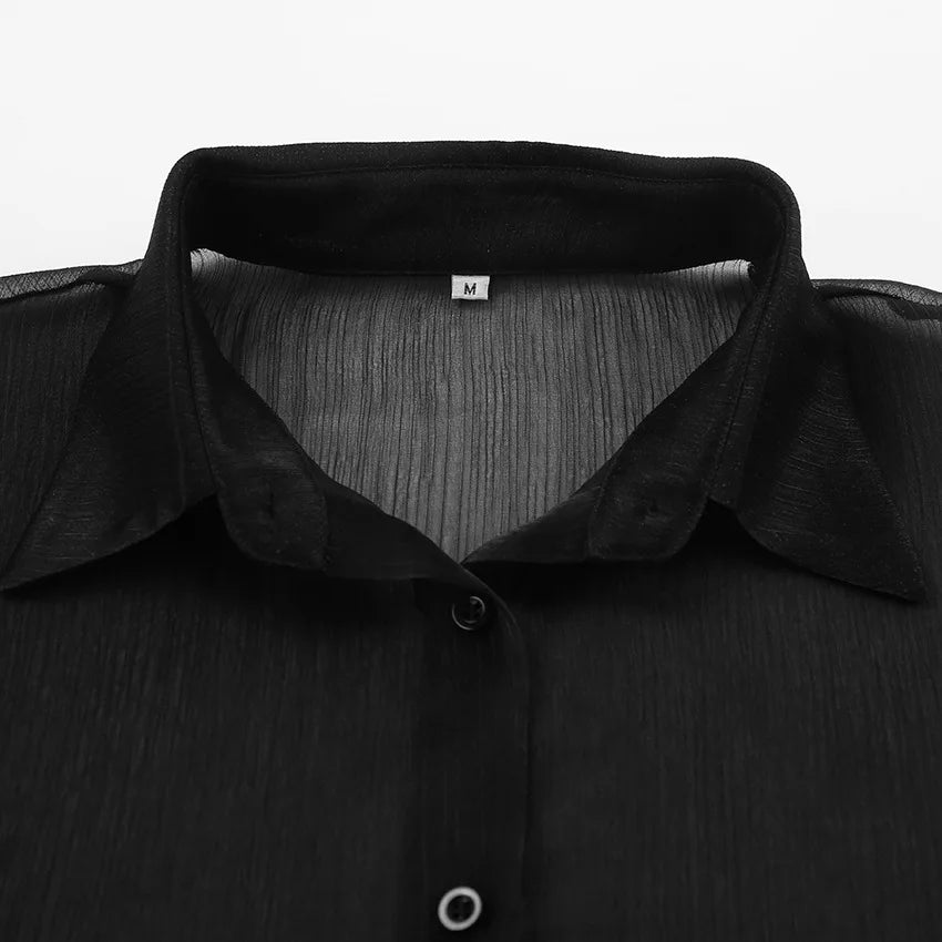 Sexy Transparent Shirt Women Blouse Loose Turn-down Collar Flare Sleeve Lace-up Shirt Top