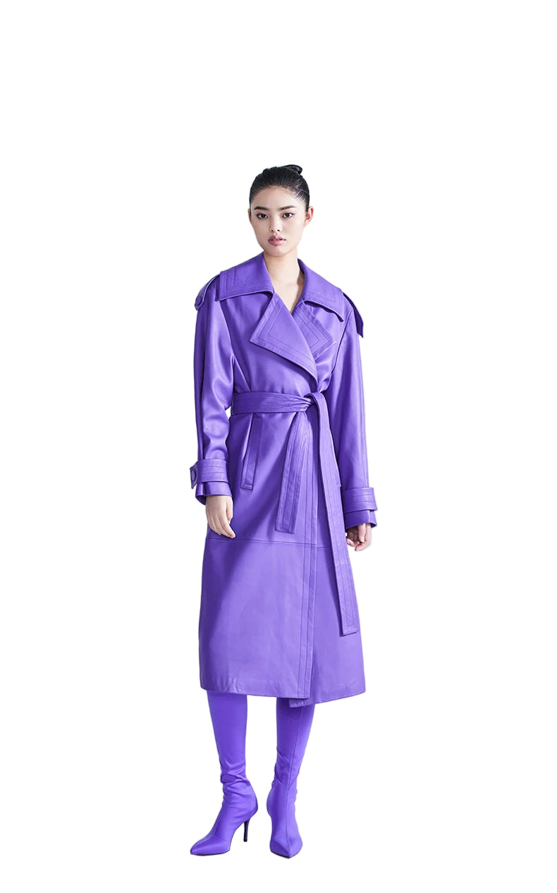 Elegant Purple Colored Faux Leather Trench Coat for Women Sashes Runway Coat