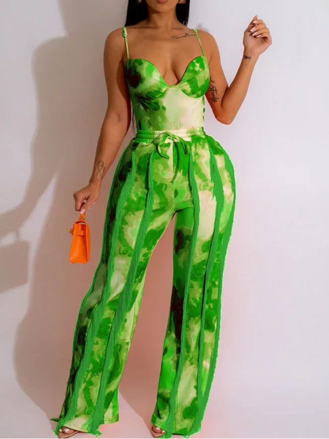 Tie Dye Printing Two Piece Set for Women Pant Sets Birthday Outfits Clubwear Bodysuit Top and Fringe Tassel Pants Matching Sets