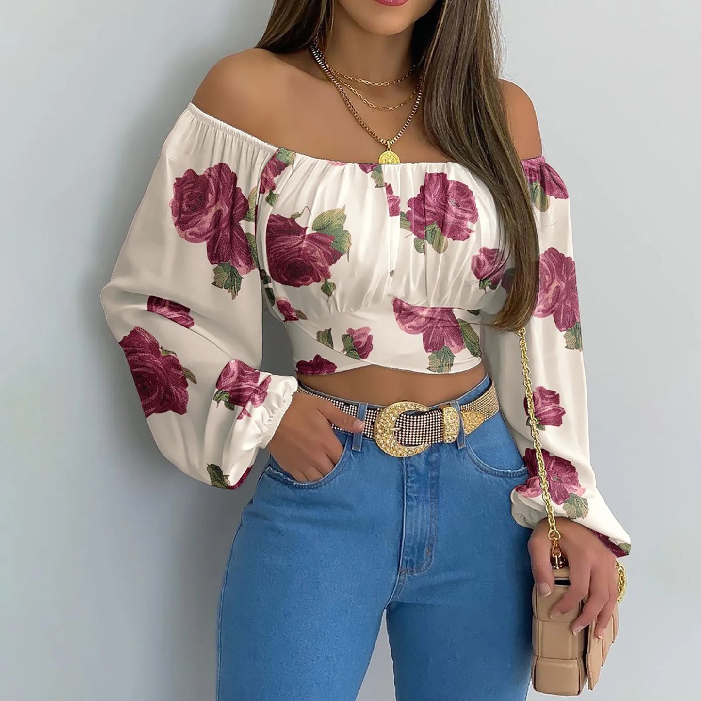 Women Sexy Off Shoulder Print Blouses Chic and Elegant Lantern Long Sleeve Cropped Top