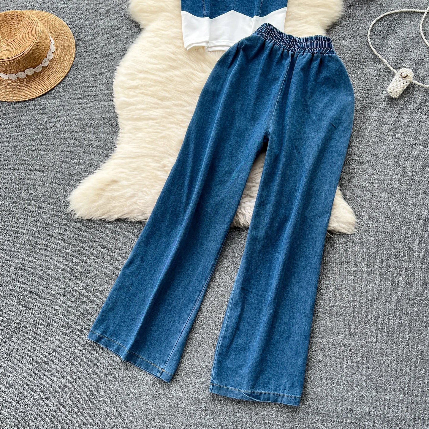 Women Denim pant sets Design Matching Color Short-sleeved T-shirt Tops + High-waisted Casual Pants
