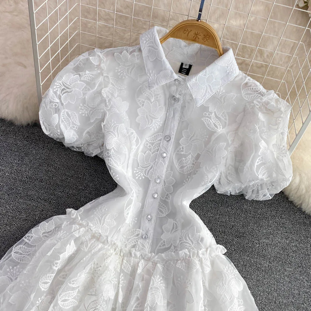 Women Vintage Lace White Dress Turn Down Collar Puff Sleeve Mini Dress