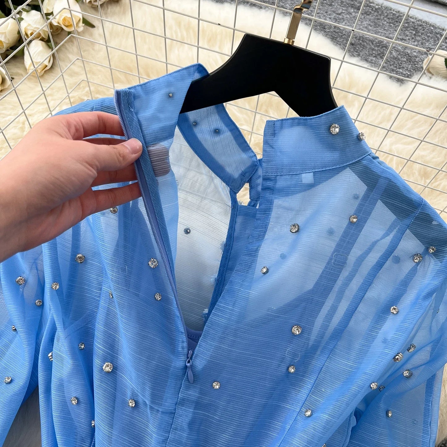Elegant Lantern Sleeves Vintage Stand Collar Chic Single Breasted Rhinestone Bandage Slim High Street Long Dresses