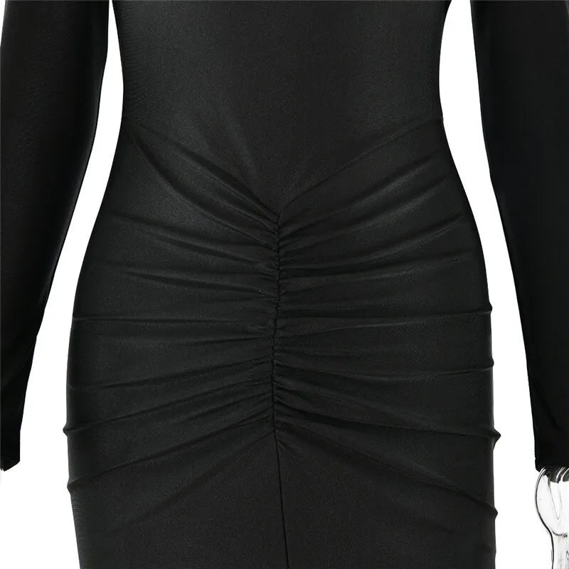Hollow Out Long Sleeve Maxi Dress For Women Metal Buckle Bodycon Cocktail Dress