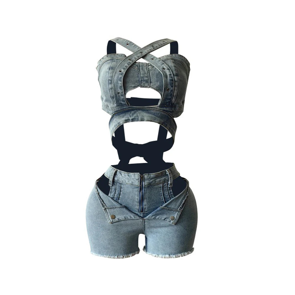Sexy Jean Women Short Sets Straps Denim Crop Top and Cut Out Shorts Coachella Outfit