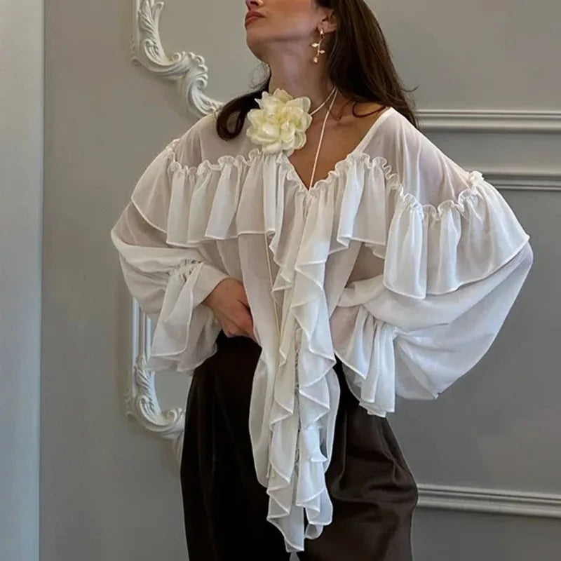 White Chiffon Shirt Women's V-Neck Sexy See Through Shirt Beach Ruffle Blouse