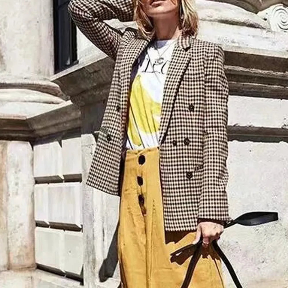 Women's Elegant Open Front Coat Retro Button Suit Coats Plaid Long Sleeve Flannel Lapel Blazer