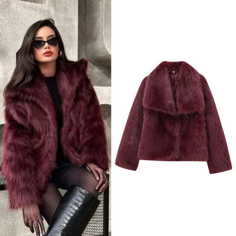 Women's Fur Coat Plush Burgundy Bomber Jacket Solid Crop Jacket Winter Coats