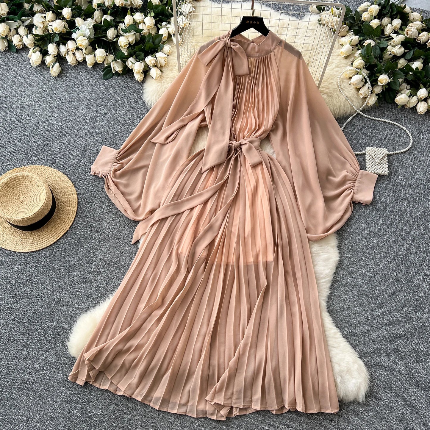 Women Elegant Long Flare Sleeves Vintage Bow neck Bow Loose Midi Dress