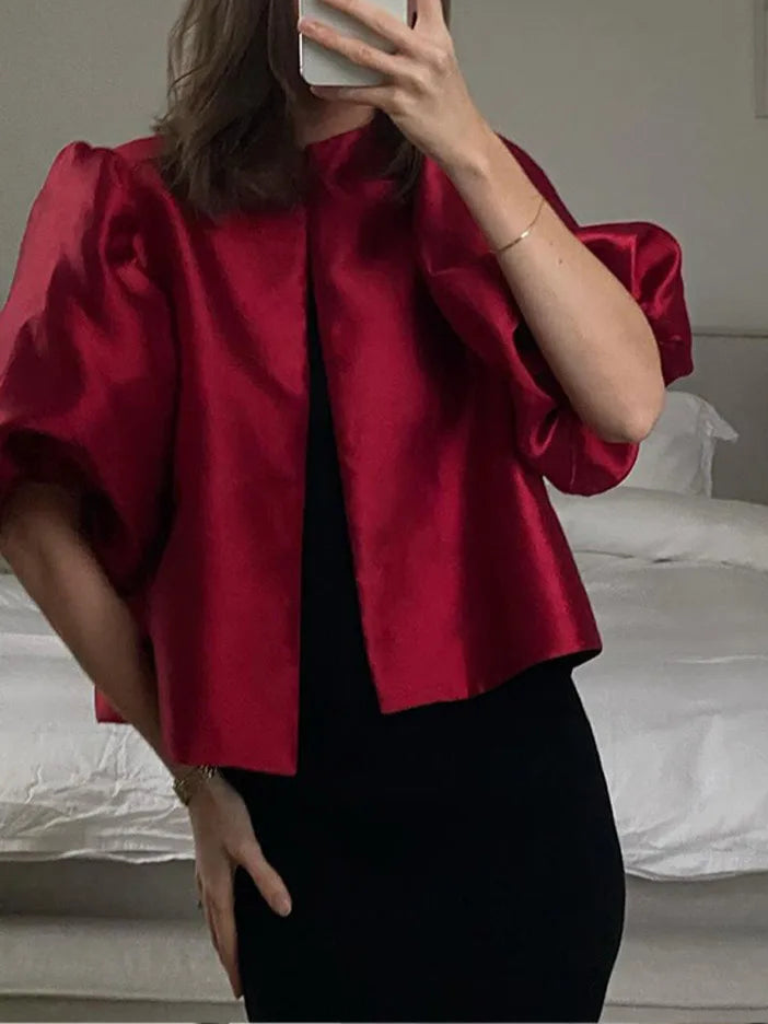 Solid Satin Women's Blouse Top With Pouf Balloon Sleeve O Neck Loose Blouses