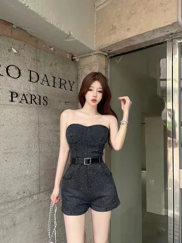 Women Denim One Pieces Summer Playsuit High Waist Slim Sleeveless Strapless Sashes Outfits