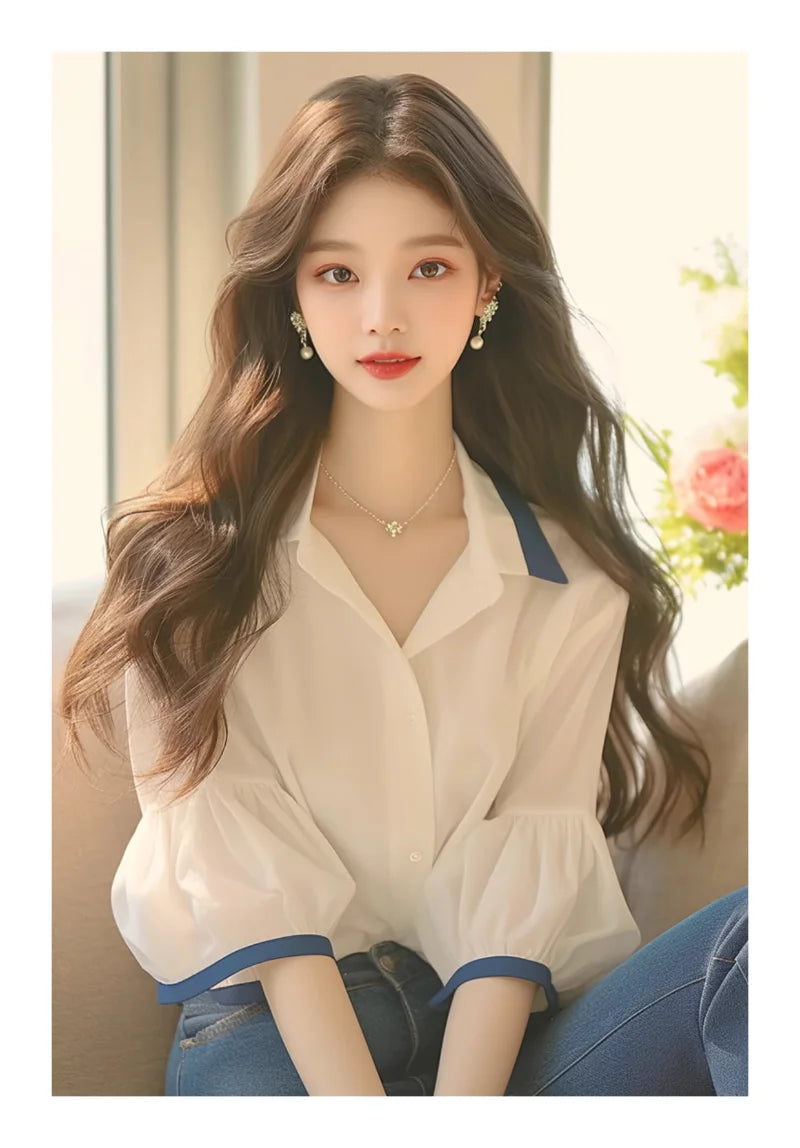 French Women's Blouses Chiffon Short Sleeve Women Tops