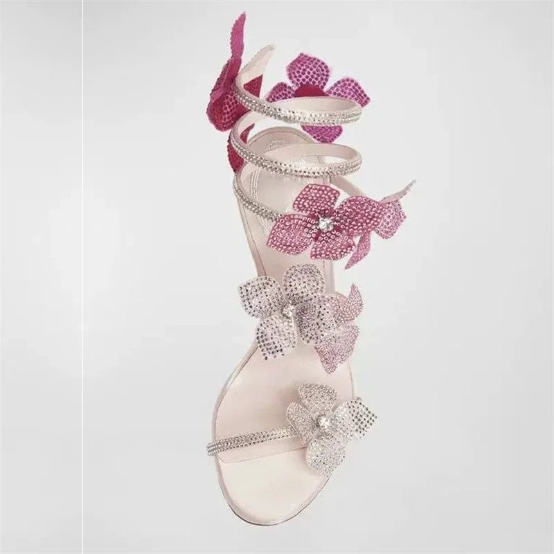 Sexy CRYSTAL Flower Thin High Heels Women Sandals Ankle Strap Shoes