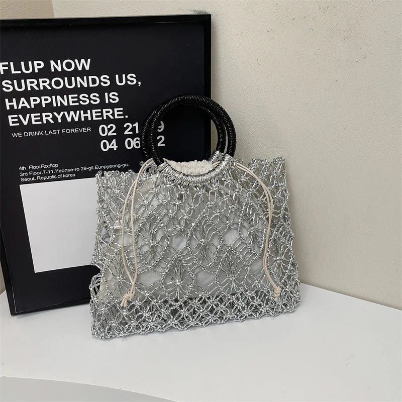 Handmade Woven Design Round Handle Handbags For Women