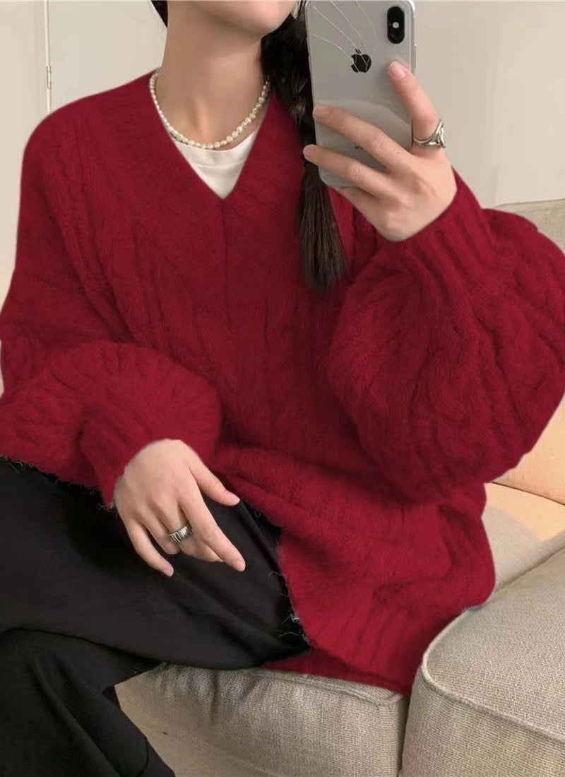 Lantern Sleeve Knit Sweater Women Korean Solid Twist V-Neck Pullover Jumper