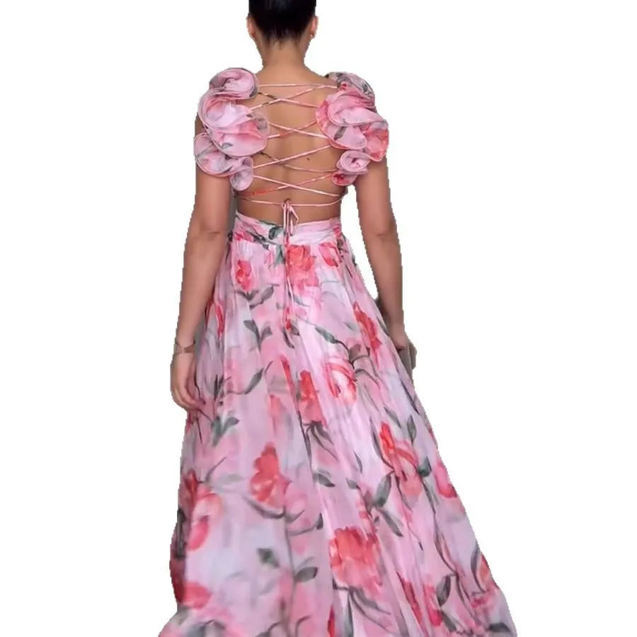 Women Chiffon Ruffle Edge Printing Maxi Dress V Neck Pleated High Waist Ankle Length Dress