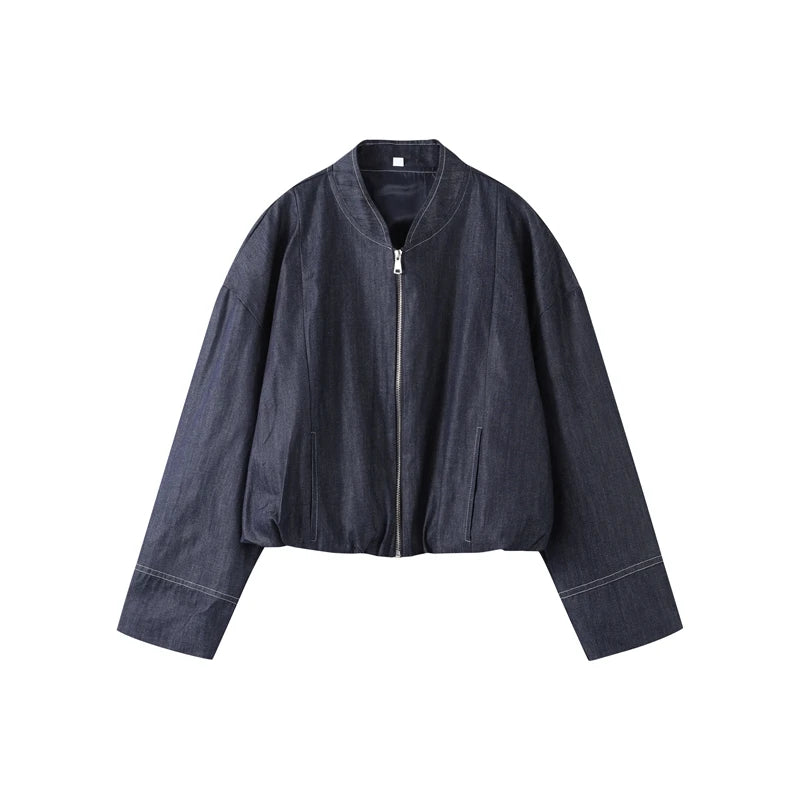 Denim Jacket Mini Skirt Women 2 Piece Set Stand Collar Zipper Long Sleeve Pocket Coat A-line Skirts