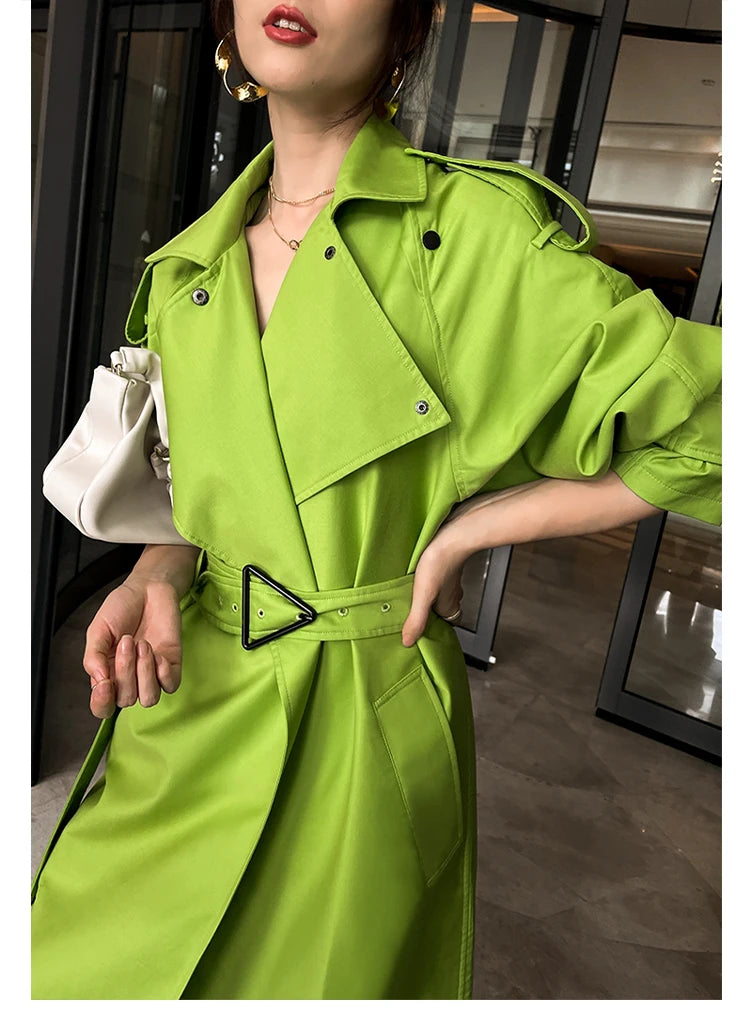 Luxury Long Oversized Bright Green Faux Leather Trench Coat for Women