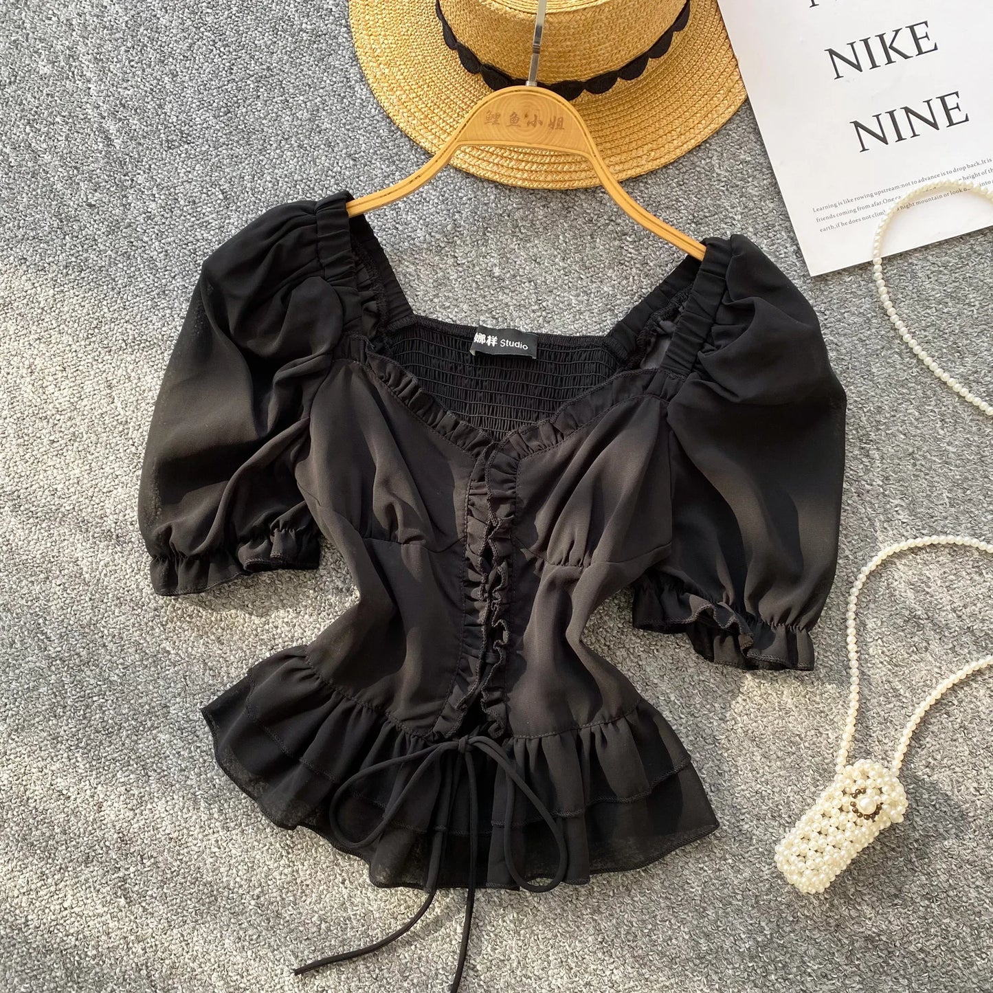 French Style Chiffon Blouse Square Neck Short Sleeves Ruffles Lace Up Beach Top