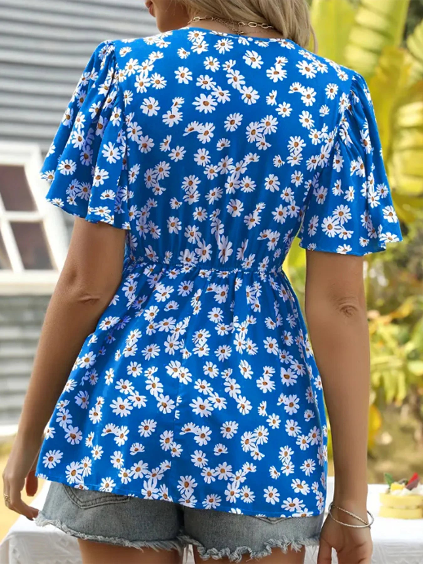 Plus size summer women's new floral V-neck waist-cinching top