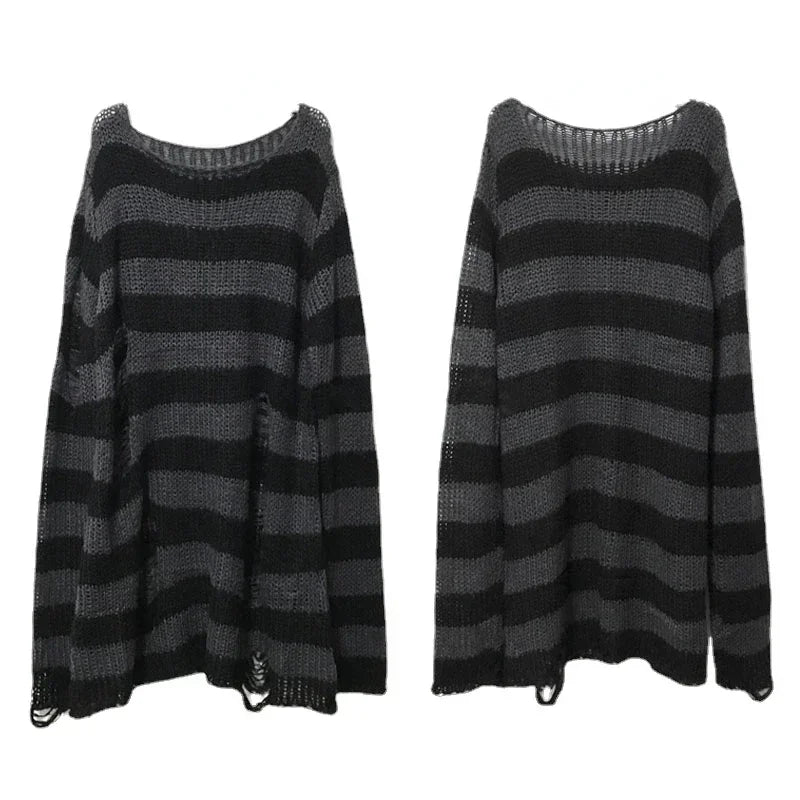 Punk Gothic Long Sweater Women Striped Broken Jumper