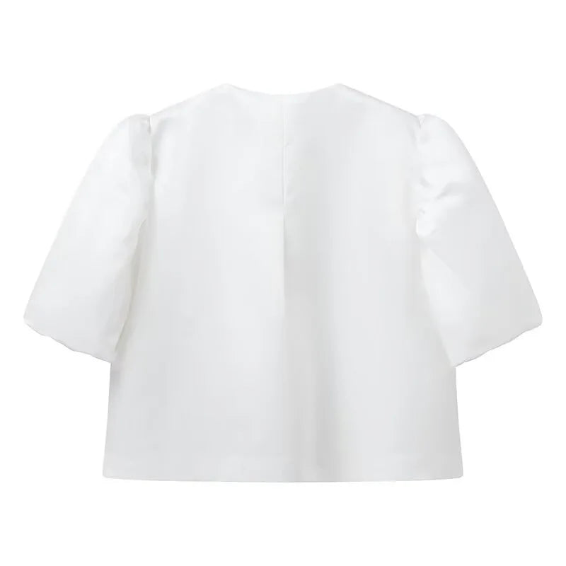 Solid Satin Women's Blouse Top With Pouf Balloon Sleeve O Neck Loose Blouses