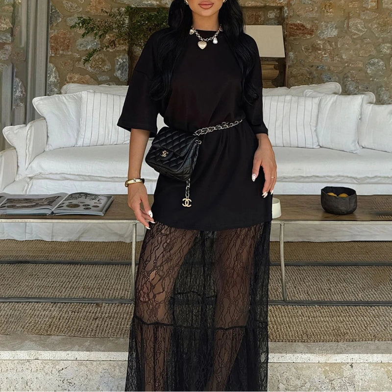 Lace Dress Round Neck Shirt with Stitching Lace Trim Women's Dress
