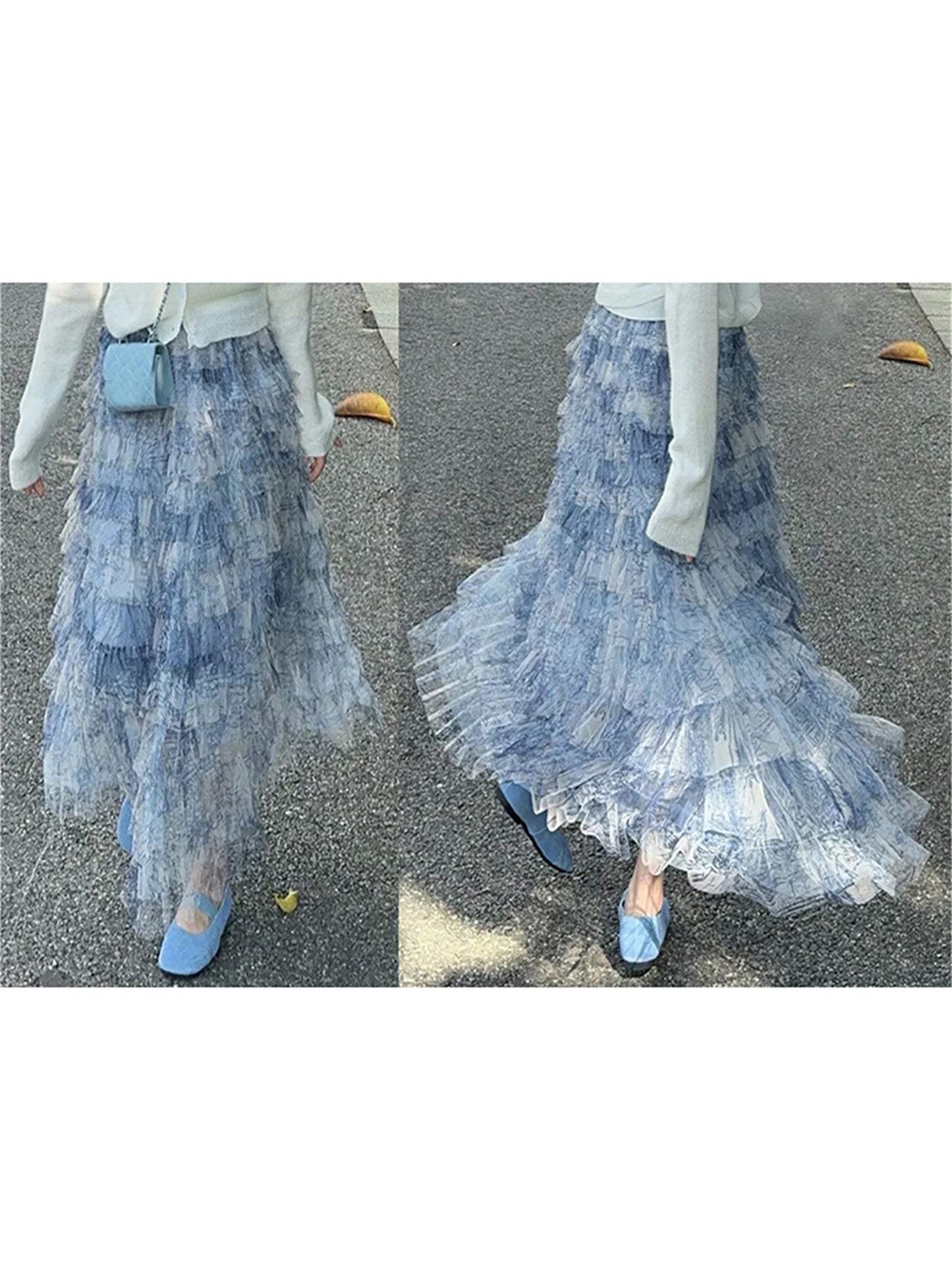 Elegant Floral Lace Maxi Skirt with High Waistband and Flowy Layers Skirt