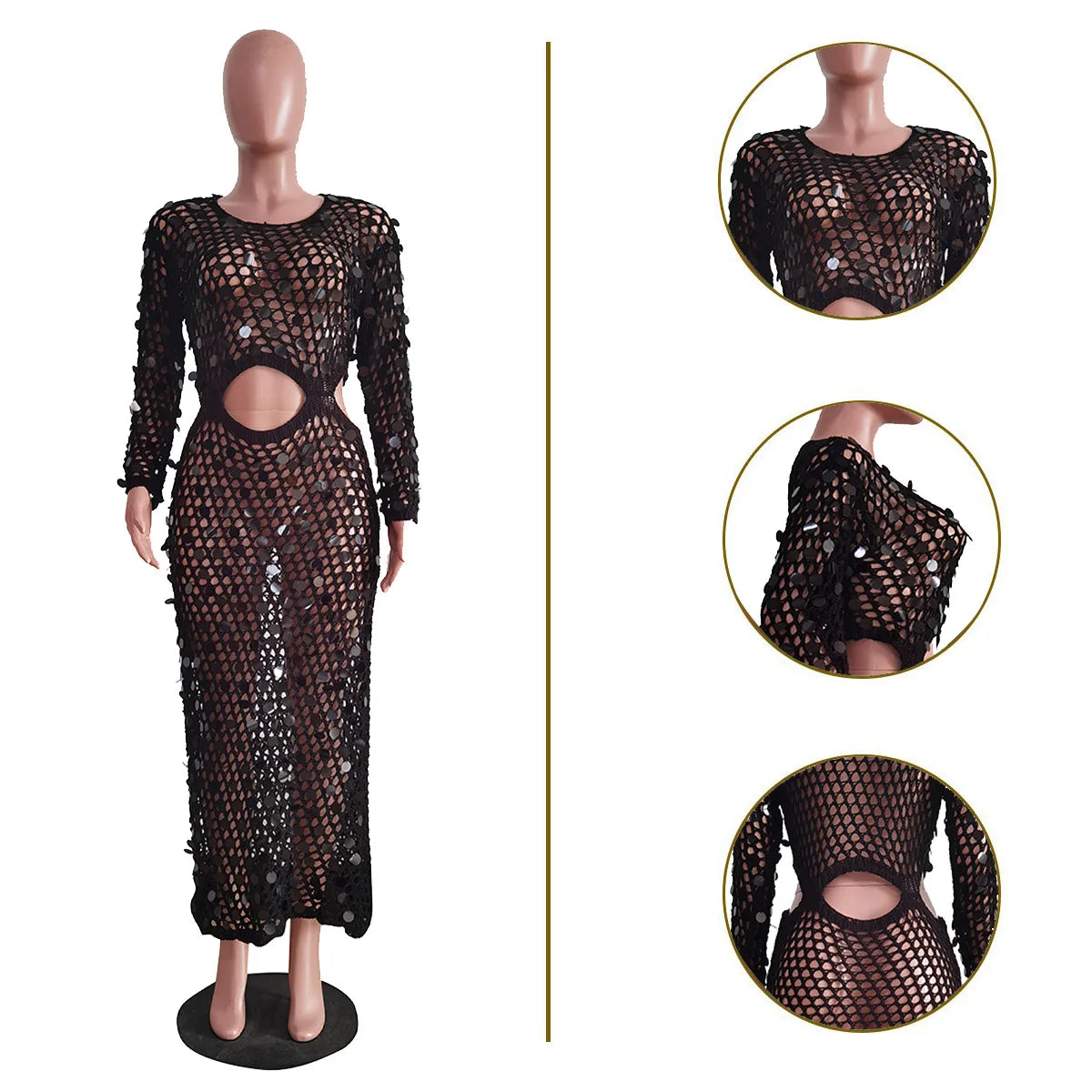 Fishnet Knitting Hollow Sequins Maxi Dress Sexy See Through Vacation Beach Dress Resort Wears