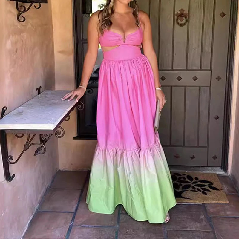 Gradient Color Hollowed Out Pleated Long Big Swing Maxi Dress Sun Dress