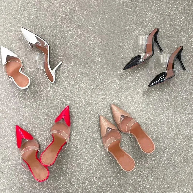 Transparent PVC Mixed-color Women Pumps Elegant Pointed toe Thin High heels Slingbacks Mules Party Prom Shoes