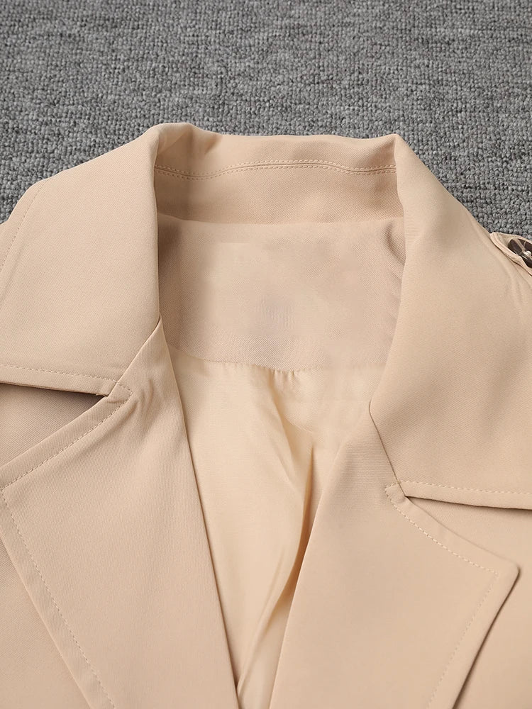 Women Khaki Pleated Elegant Trench New Lapel Long Sleeve Windbreaker Trench Coat