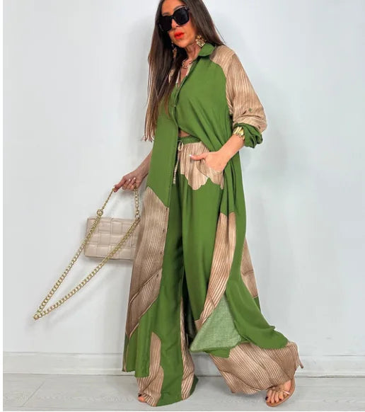 Elegant Lady Two Piece Set Printed Long Shirt Top + Wide Leg Pants 2-piece Outfit Oversized Sets