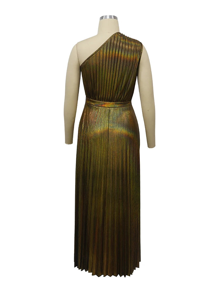 Metallic Golden One Shoulder Sleeveless Pleated A-Line Maxi Dress Elegant Cocktail Dress