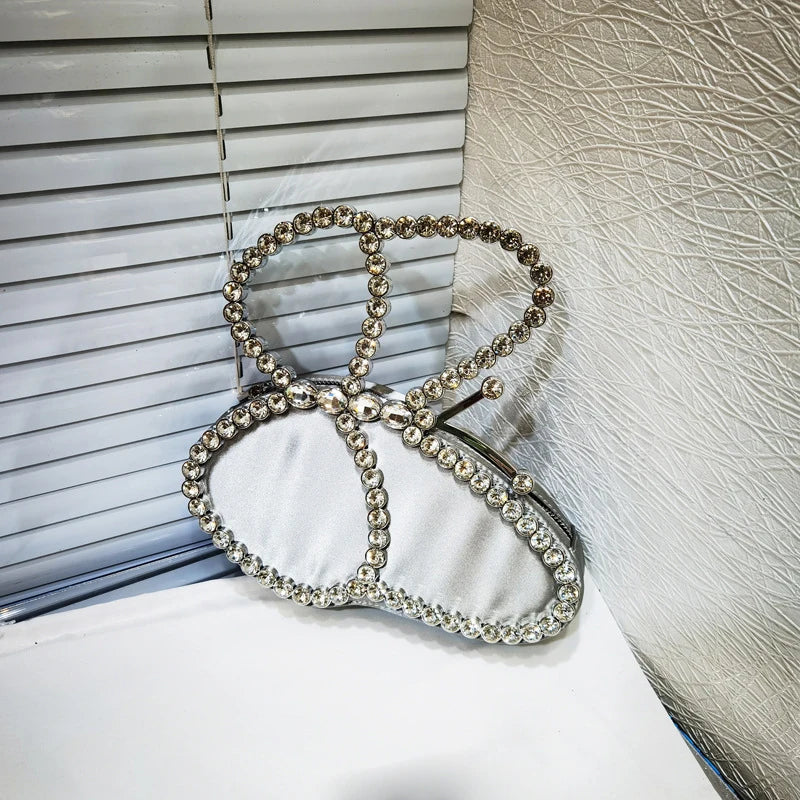 White Rhinestone Pink Butterfly Wedding Evening Clutches Party Prom Purse