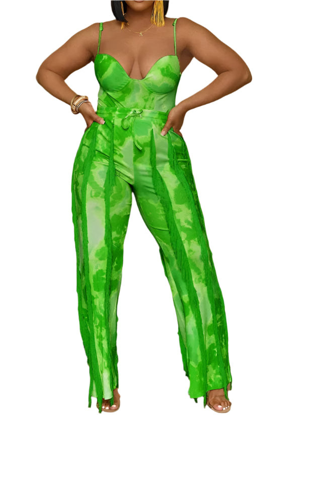 Tie Dye Printing Two Piece Set for Women Pant Sets Birthday Outfits Clubwear Bodysuit Top and Fringe Tassel Pants Matching Sets