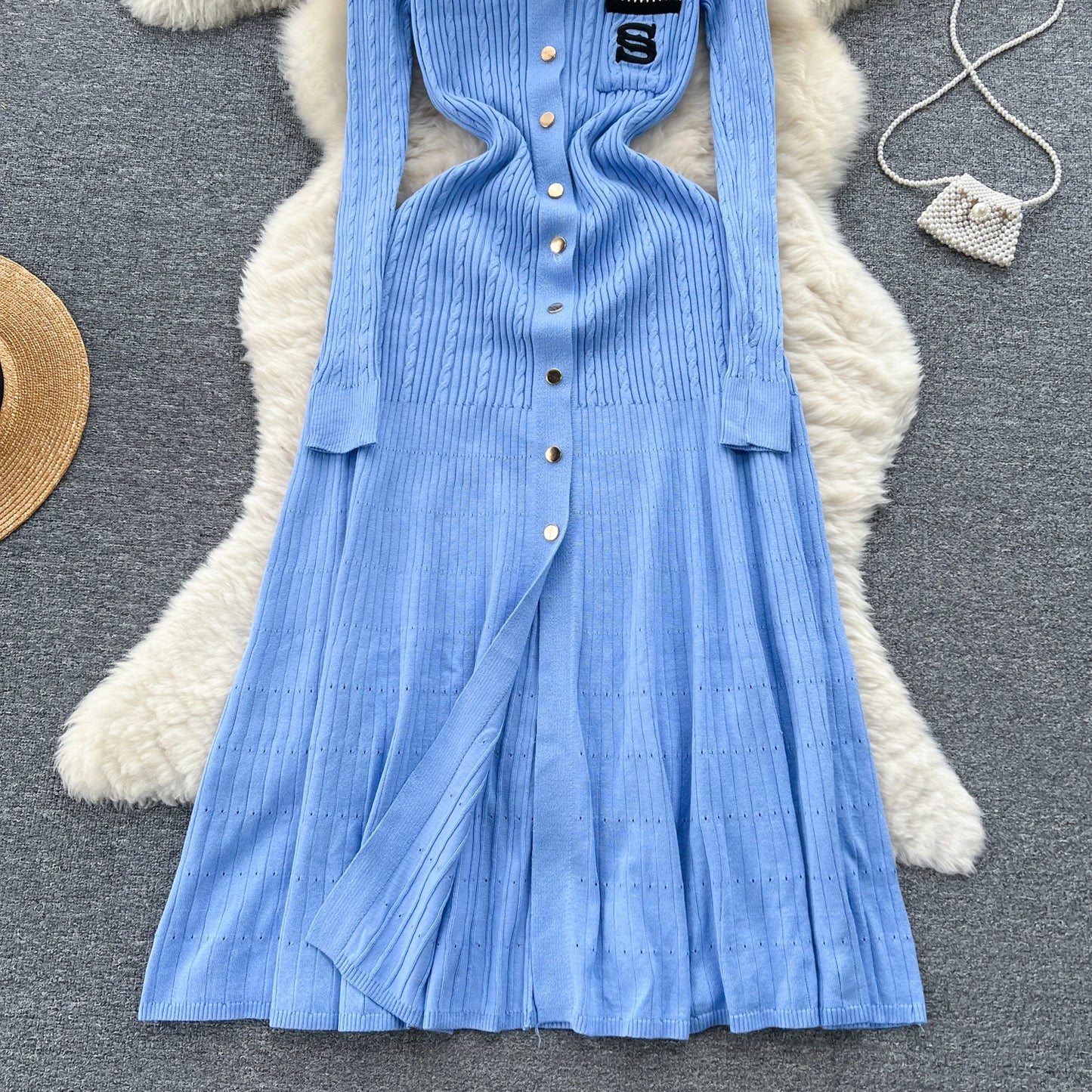 Women Polo Dress Single Breasted Pocket Design Bodycon Knitted Dress Sweater Midi Dress
