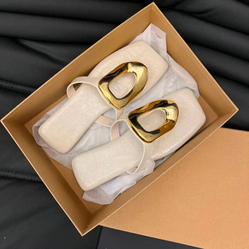 Large Size Women's Shoes Open-toed Flip-flops Flat Metal Buckle Sandals