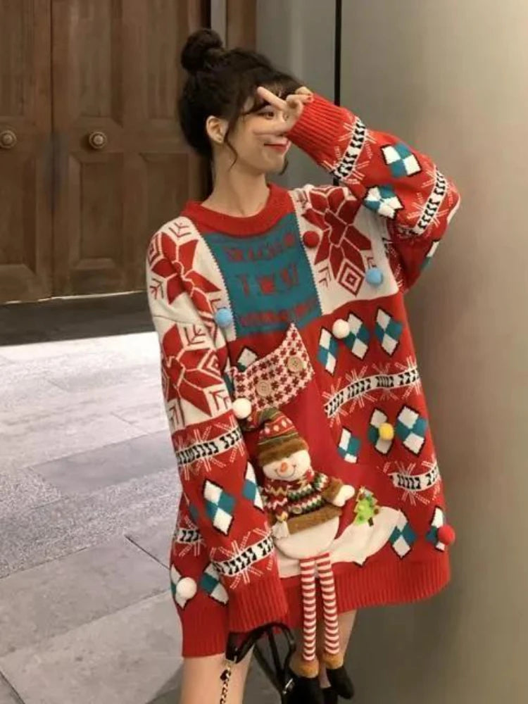 Knitted Pullover Loose Lazy Contrasting Colors Winter Sweater Christmas Sweater