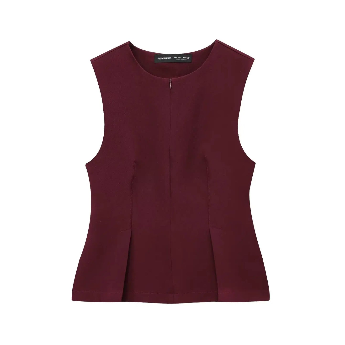 Women Solid Zipper Vintage Causal Sleeveless O Neck Tank Blouse Slim Pleated Vest Blouse High Street Folds Top