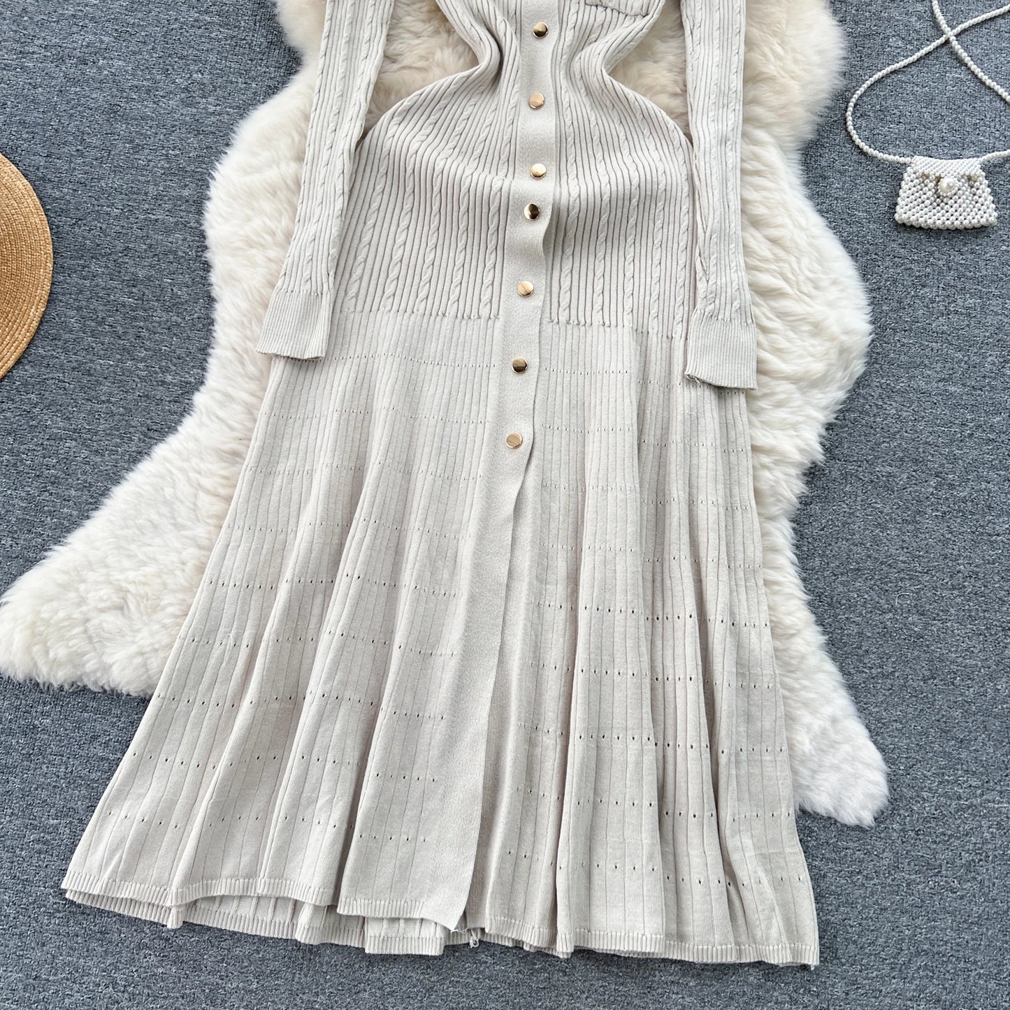 Women Polo Dress Single Breasted Pocket Design Bodycon Knitted Dress Sweater Midi Dress