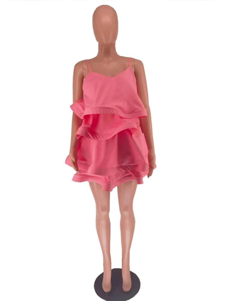 Sexy Short Daring Dresses Summer Spaghetti Strap Mini Dress with Cascade Ruffles