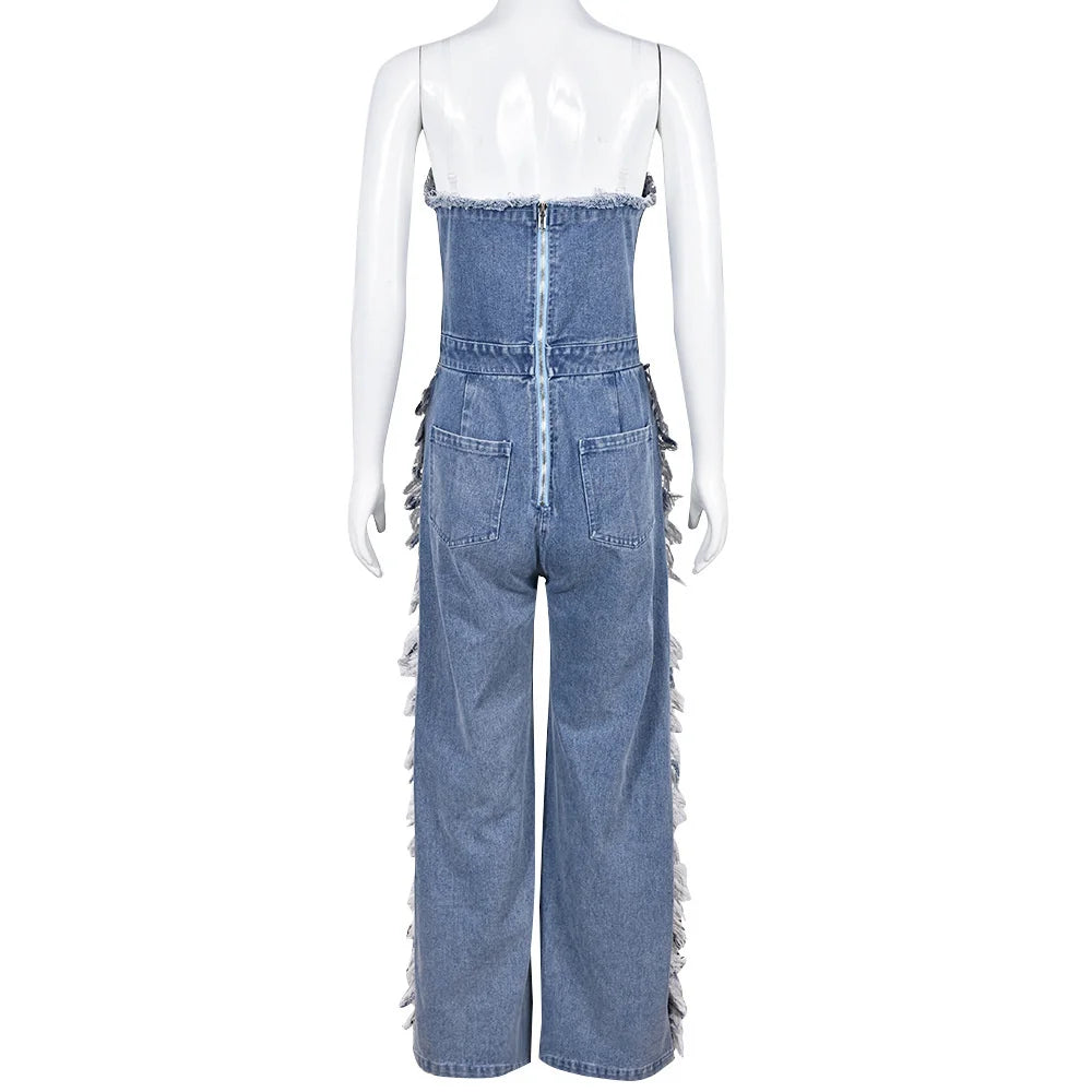 Slim Fit Denim V-neck Backless Tassel Trendy Jumpsuit Women's Strapless High Waist Ripped Pocket Sexy Street Rompers