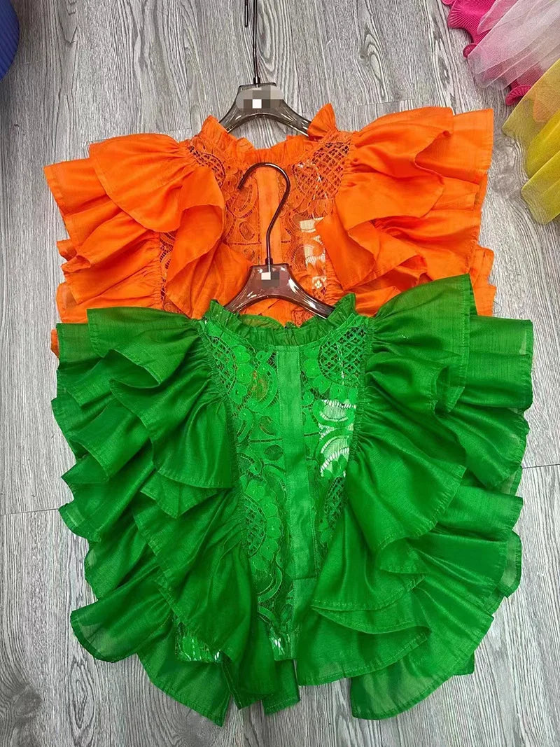 Women Blouse Shirts Stand Collar Y2k Tops Ruffles Lace Sexy Blouses