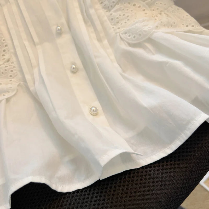 Flying Sleeve White Shirts Vintage Sleeveless Ruffled Lace Blouse for Woman