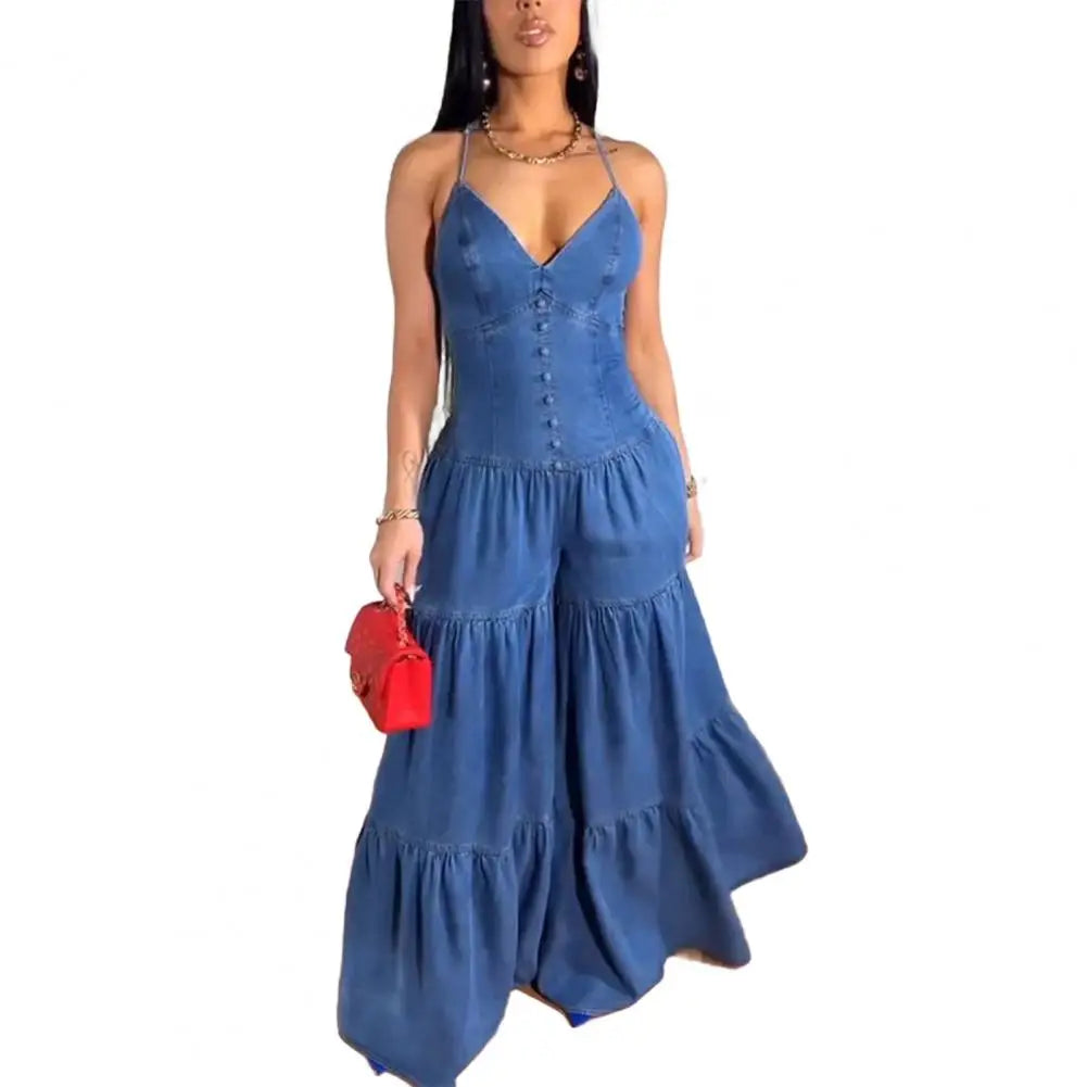Stylish Women's Sleeveless Jumpsuits Casual Flowy Overalls Sexy Halter Rompers for Summer