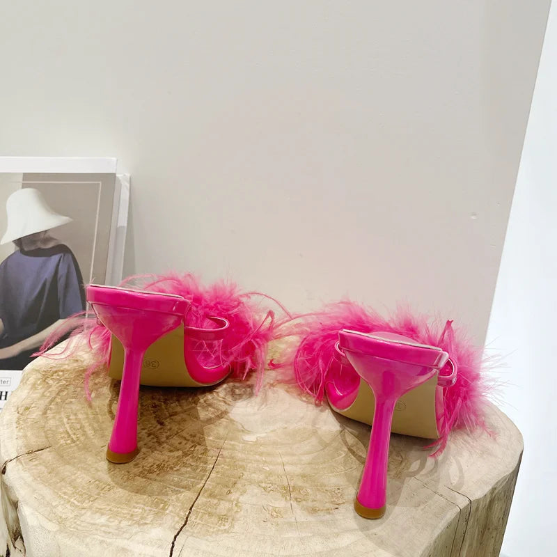 Fur Feather High Heels Slippers Sandals Women Summer Mules Ladies Shoes